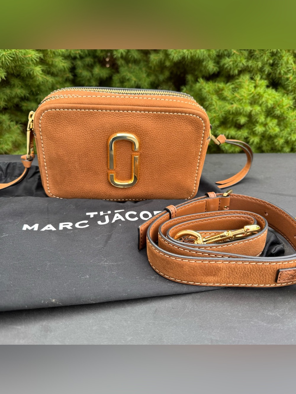 Marc Jacobs Snapshot Cognac Leather Double-Zip Crossbody with Gold Hardware
